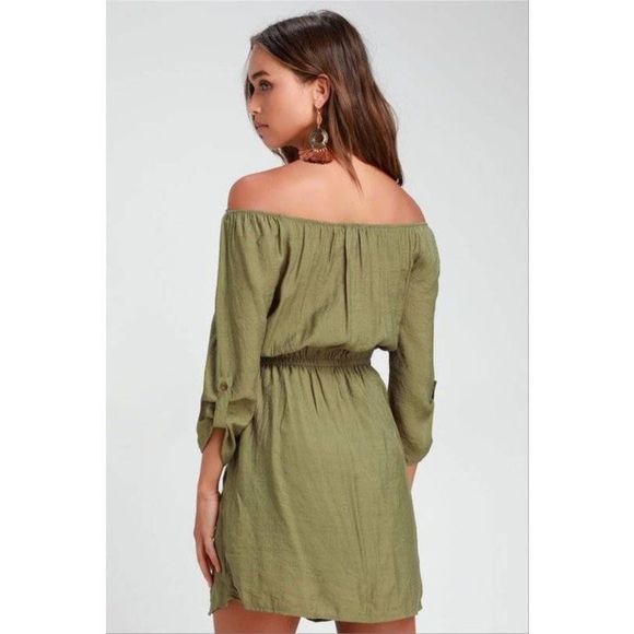 Lulus Etta Olive Green Button Front Off-the-Shoulder Dress good pre-owned condit - Picture 2 of 7